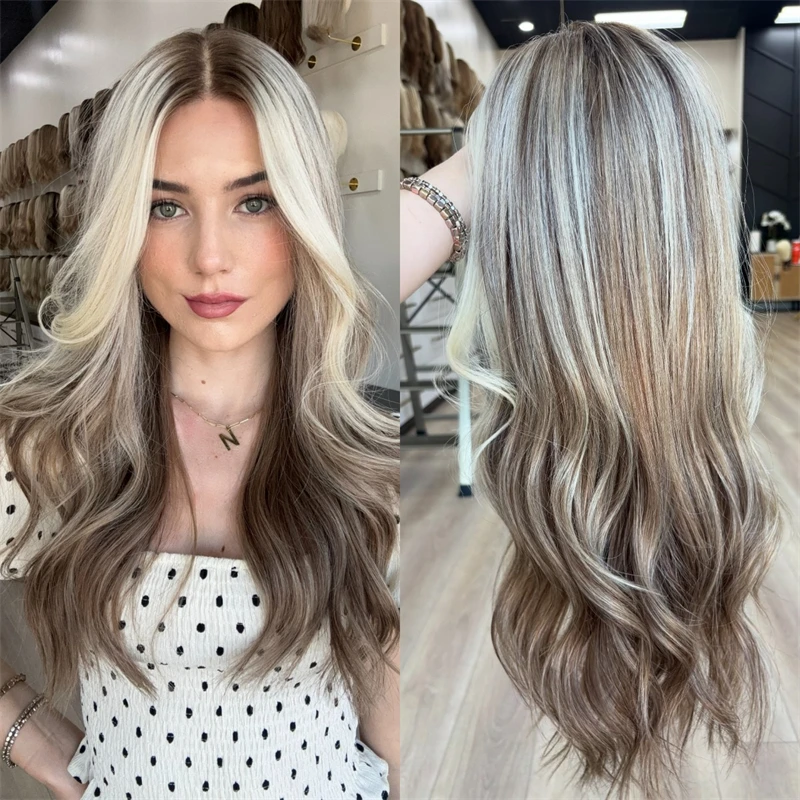 

Ombre Brown with Blonde Streaks Highlights HD Invisible Synthetic Lace Front Wig Party Daily Preplucked Realistic Hairline Wigs