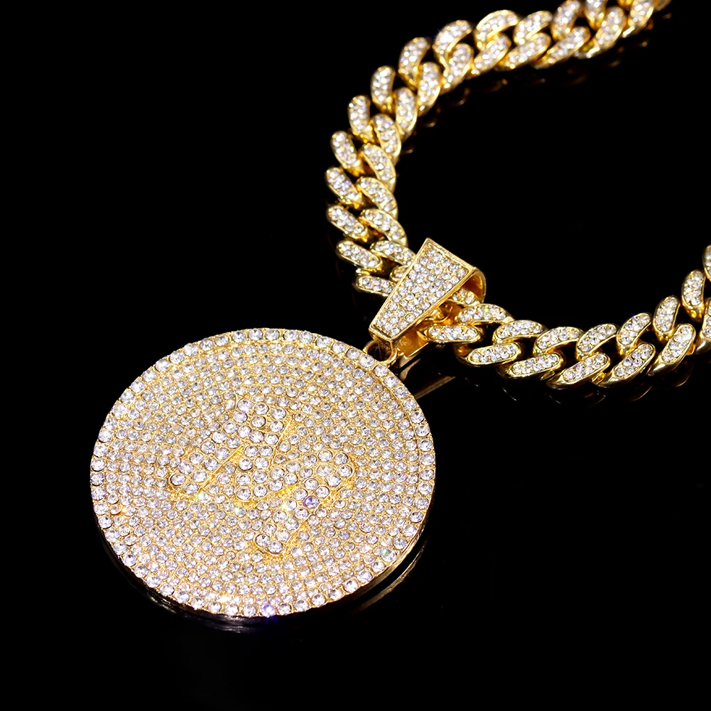 New Crystal Round Initials Necklace 13MM Miami Cuban Link Chain for Women Men Bling A-Z Letters Pendant Necklace Fashion Jewelry