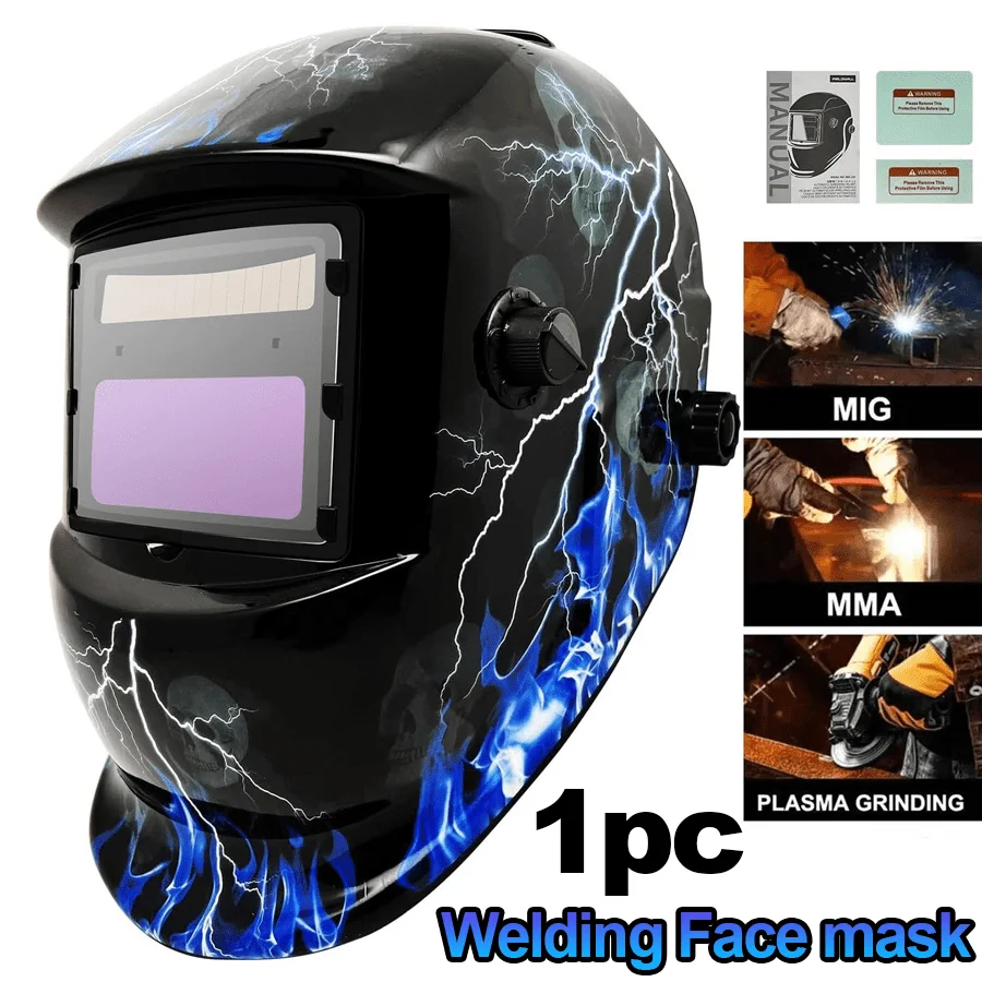 1Pc Lightweight PP Solar Auto Darkening Welding Helmet Skull Eagle Graphic Full Face Welding Mask Fast Shade Adjustment Grinding Function Adjustable Headgear Eye Protection For MIG TIG MMA Arc Welding Workshop Repair