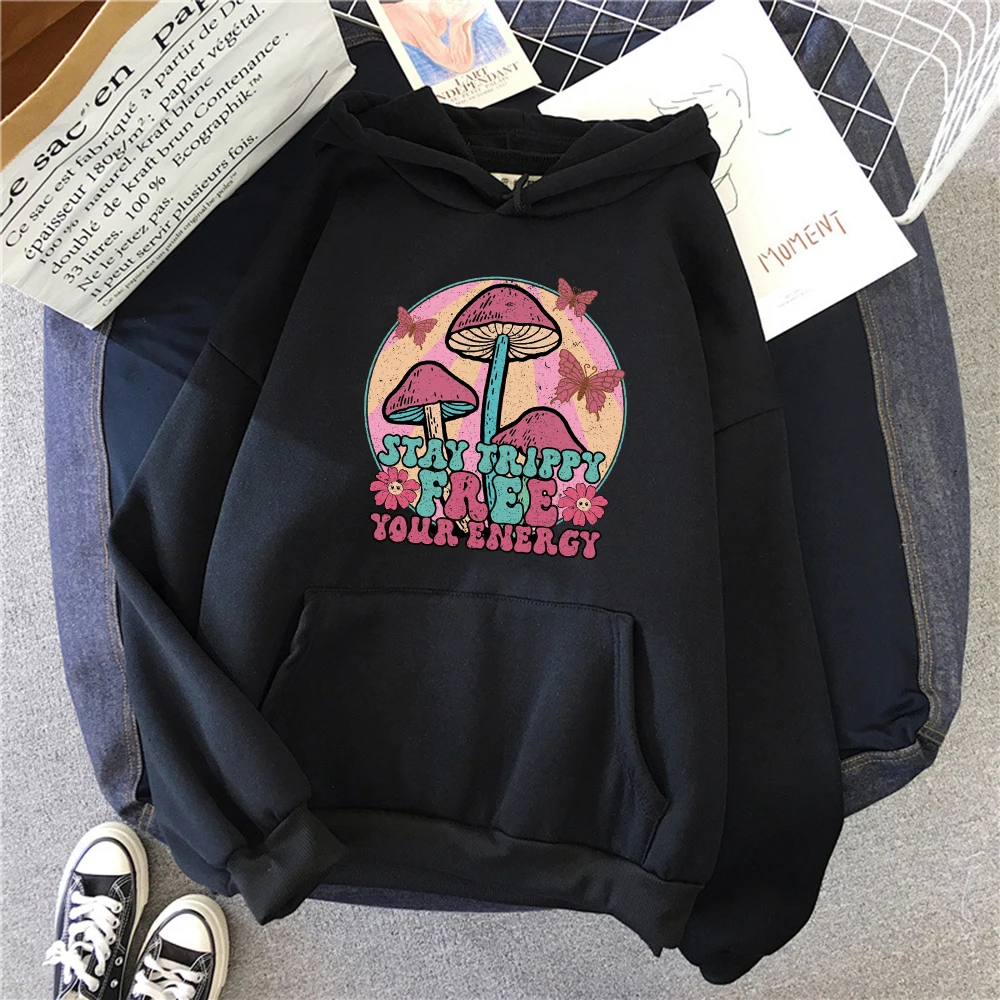 Creative Mushroom Butterfly Illustration Print Women Hoodies All-Match Fashion Hoody Autumn Fleece Hoodie Loose Clothes Unisex