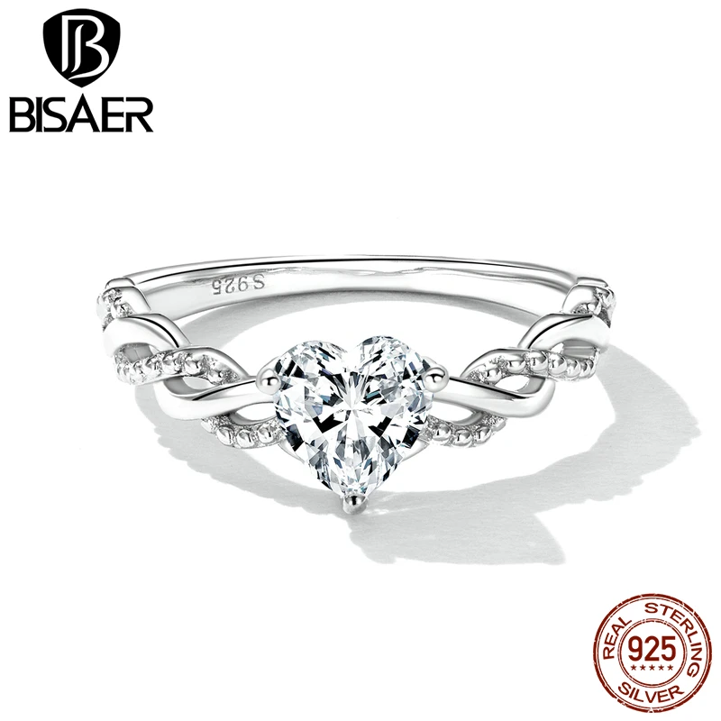 BISAER Ring aus 925er-Sterlingsilber, Herz, romantisch, mit Zirkon überzogen, Platin, für Frauen, Hochzeit, Versprechen, Statement-Ringe, edler Schmuck