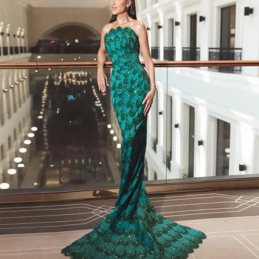 

Customized exquisite strapless mermaid beaded floor-length evening dress Formal Evening Dresses Birthday Party Prom Gowns