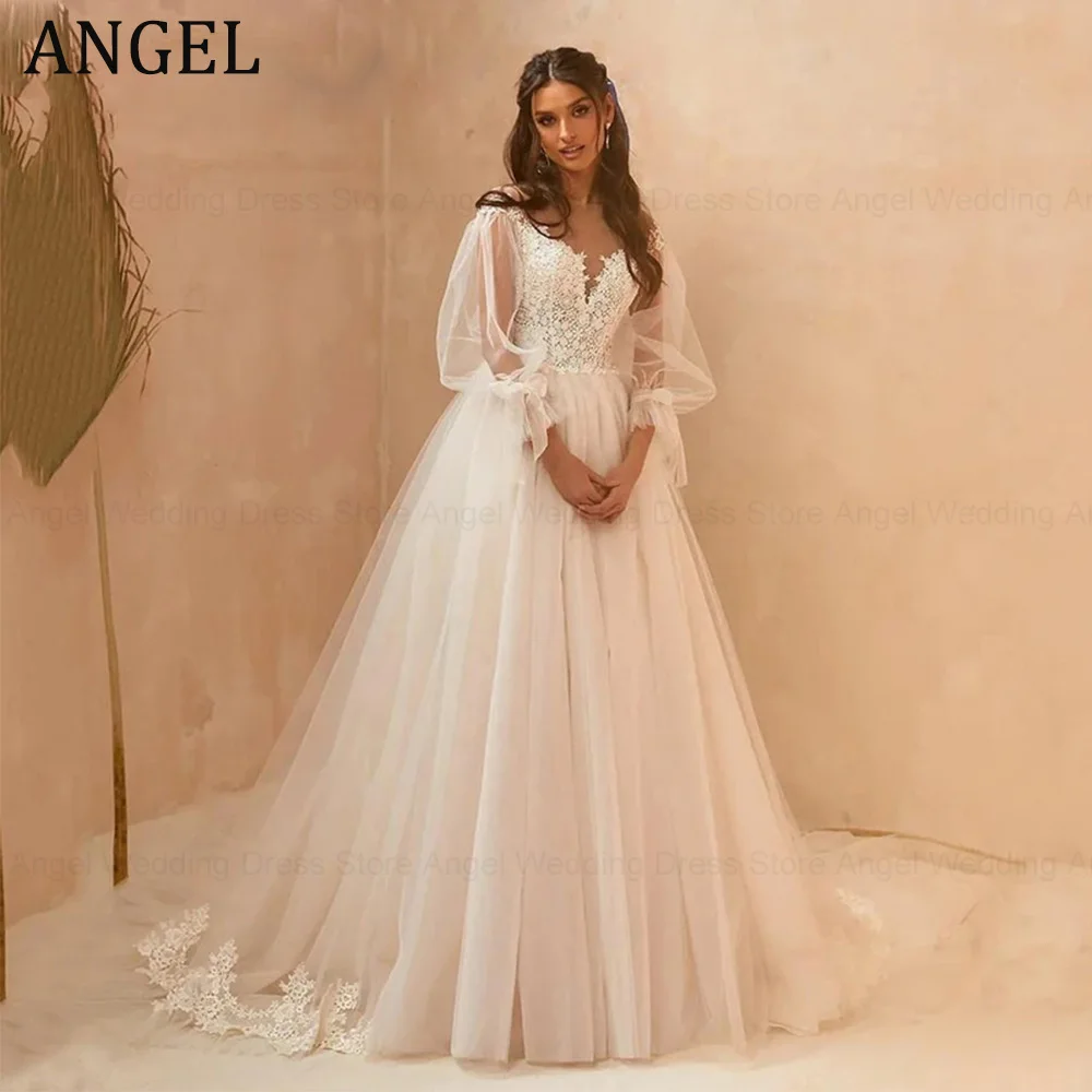 

ANGEL Elegant O-Neck Puff Sleeve Wedding Dress Dreamy Button Back A-line Bride Party 2023 Romantic Tulle Applique Bridal Gown