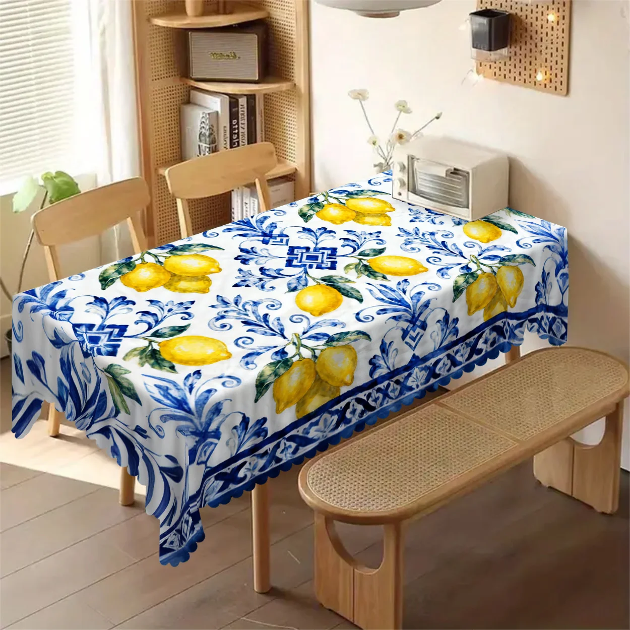 1pc Tablecloth with Blue Floral and Lemon Print, for Home Kitchen, Parties, Festivals, Indoor and Outdoor Use, Home Decor