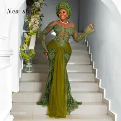 Aso Ebi Green Evening Dresses African Women Formal Outfits Long Sleeves Beaded Nigerian Traditional Wedding Party Gala Gowns