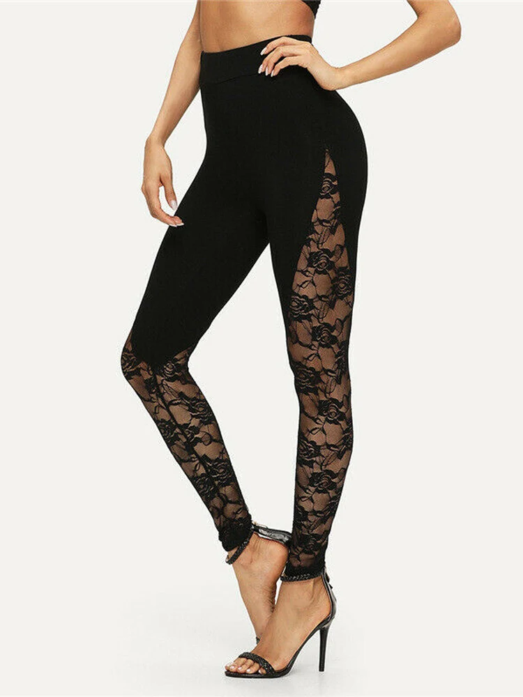 Cao Cấp Gợi Đen Phối Ren Quần Legging Nữ Nữ Ren Hoa Bảng Điều Khiển Bên Hông Cắt Ra Quần Legging Màu Đen S-2XL