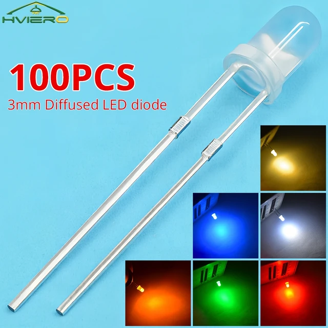100Pcs Ciepło-biały Czerwony Niebieski Zielony Żółty Biały F3 3mm Okrągły Rozproszony 2pin DIY Oświetlenie Diody emitujące LED Dioda Lampa Żarówki Koraliki