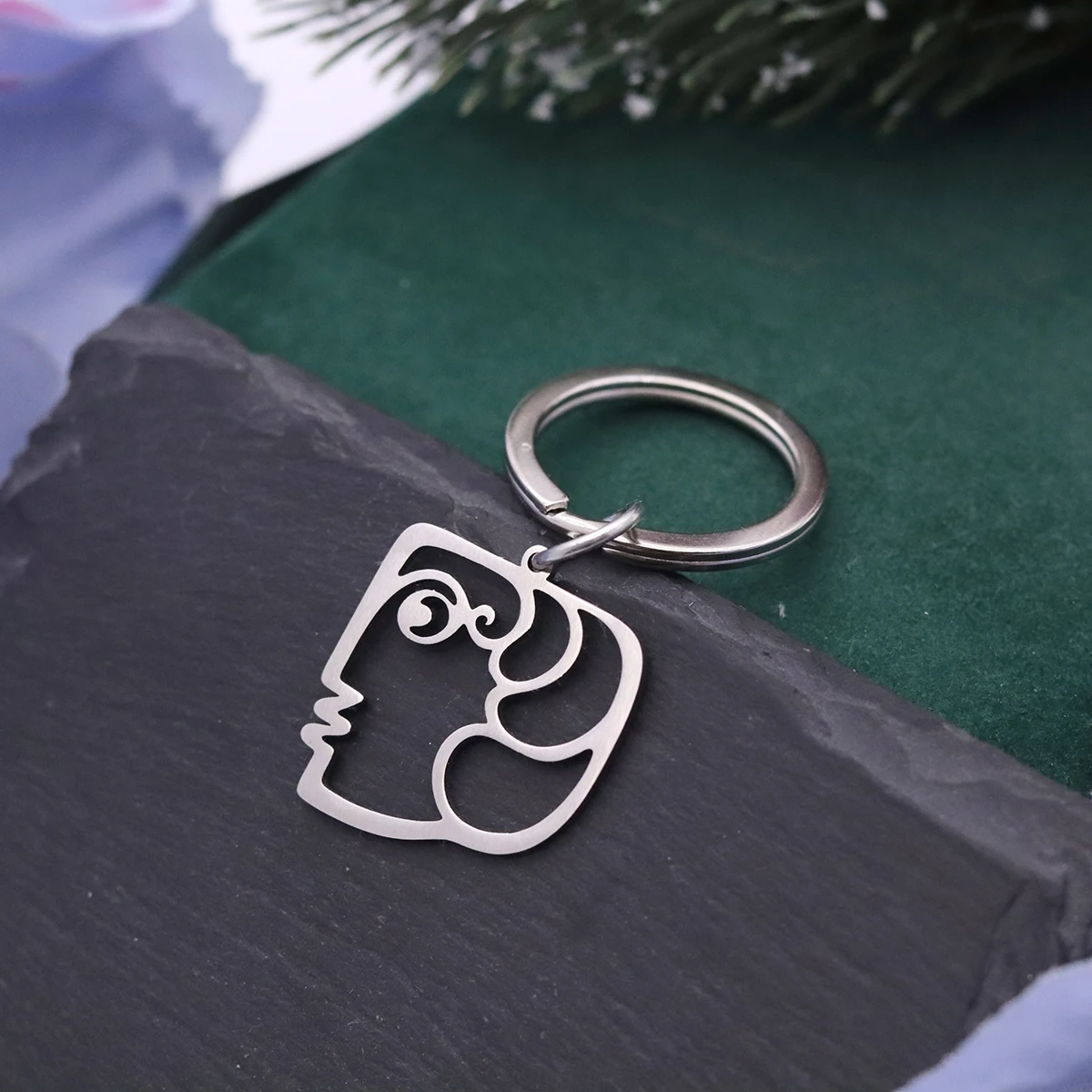 Square Face Profile Pendant Stainless Steel Keychain For Men Women Abstract Art Lover Birthday Party Jewelry Gift