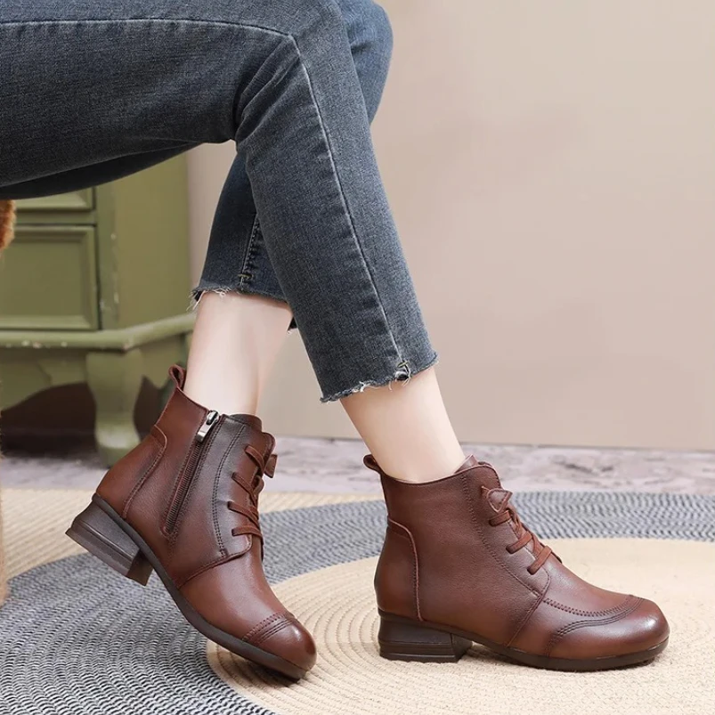 

Осенне-зимние ботинки 2025, женские ботинки из натуральной кожи, новые ботинки на толстом высоком каблуке с перекрестными ремешками и молнией