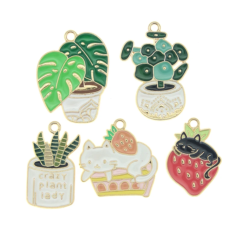 10pcst Cute Strawberry Cake Cat Plant Potted Aloe Vera Enamel Charms For Diy Jewelry Making Earrings Pendants Necklace Findings