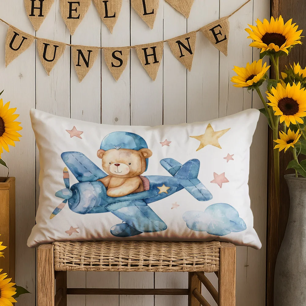 1pc Cute Bear Flying Airplane Lumbar Pillow Cover,Suitable for Sofa,Bedroom,Living Room,Baby Room,Sweet Gift for Travel Lovers