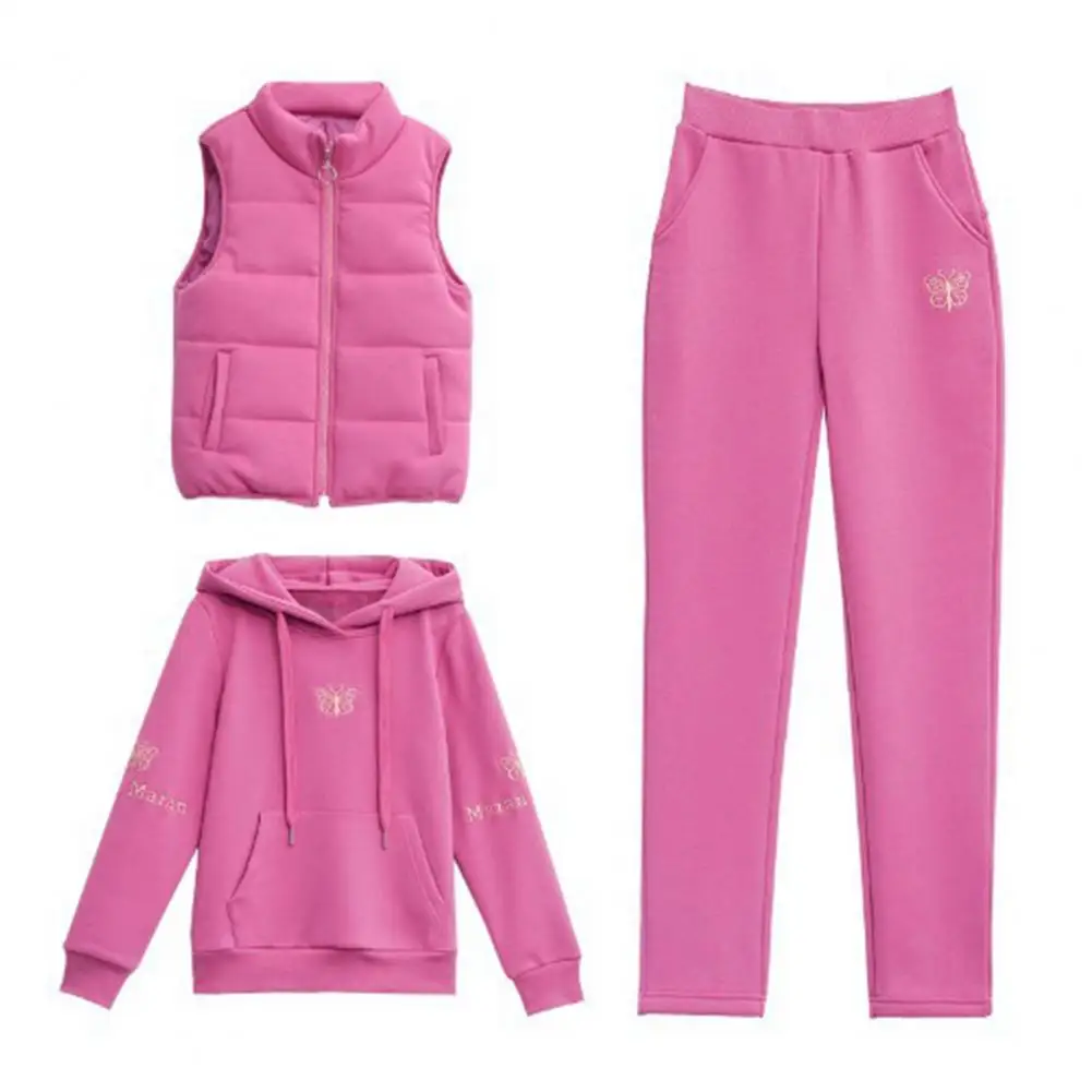 

2026 new 3 Pcs/Set Women Waistcoat Hoodie Pants Set Zip-up Padded Coat Embroidery Hooded Long Sleeves Top Elastic Waist Trousers