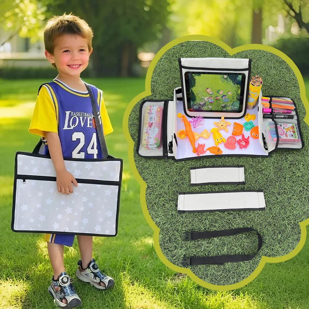 Kids Car Seat Travel Tray, Backseat Organizer with Activity Table, Snack Toy Storage Tray for Road Trip