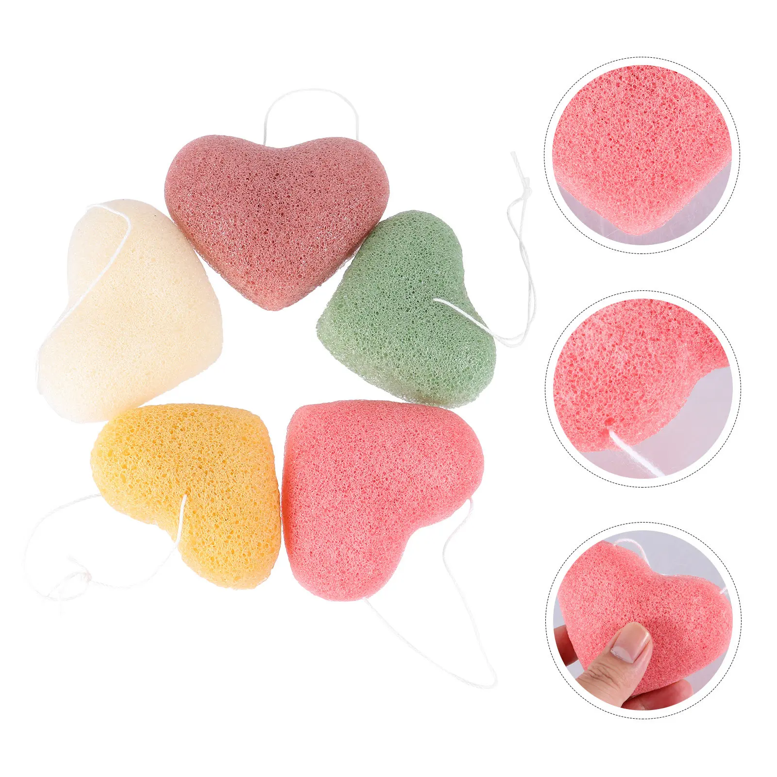 Lot de 5 éponges nettoyantes en forme de cœur pour le visage, exfoliantes, éclaircissantes, réutilisables, douces, pour le lavage du visage