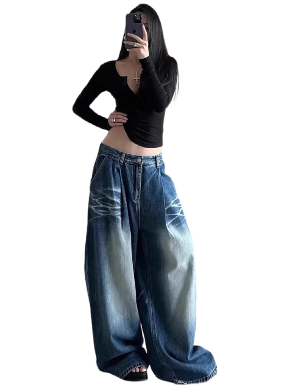 High Waist Wide Leg Women's Jeans American Waed Denim Pants Loose Straight Cut Trousers Floor-Length Autumn Winter New Sle