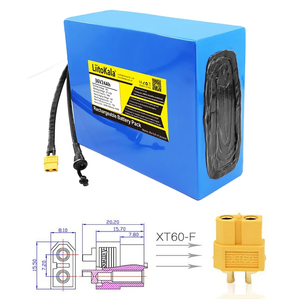 LiitoKala 36V24Ah Electric Bike Battery Built in 20A BMS Lithium Battery Pack 36 Volt with 2A Charge Ebike Battery