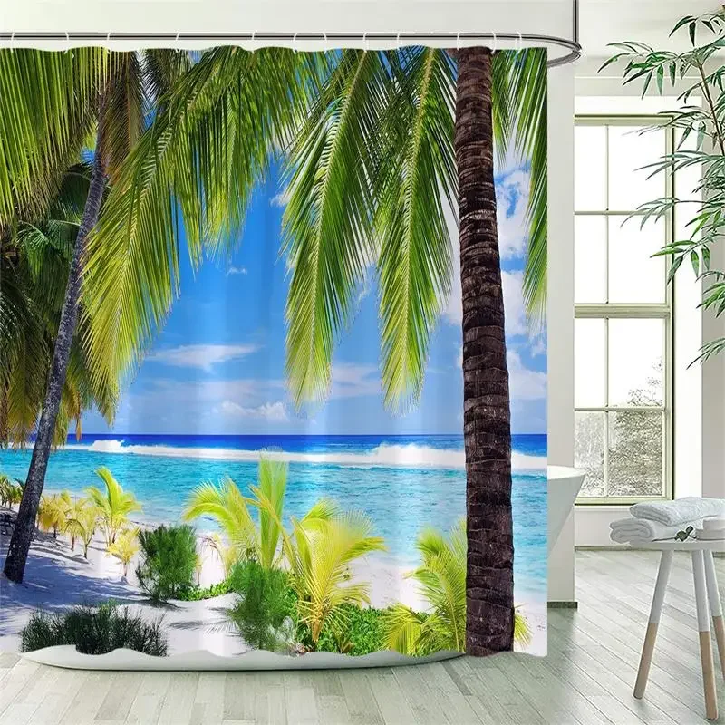 Ocean Landscape Shower Curtain Beach Palm Trees Parrots Dolphins Sea Waves Nature Scenery Bath Curtains Fabric Bathroom Decor