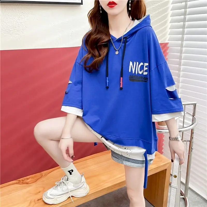 Fashion Fake Two-piece Splicing T Shirts Women Casual Loose Short-sleeved T-shirt Summer Trend Oversized Tops Aesthetic Clothes