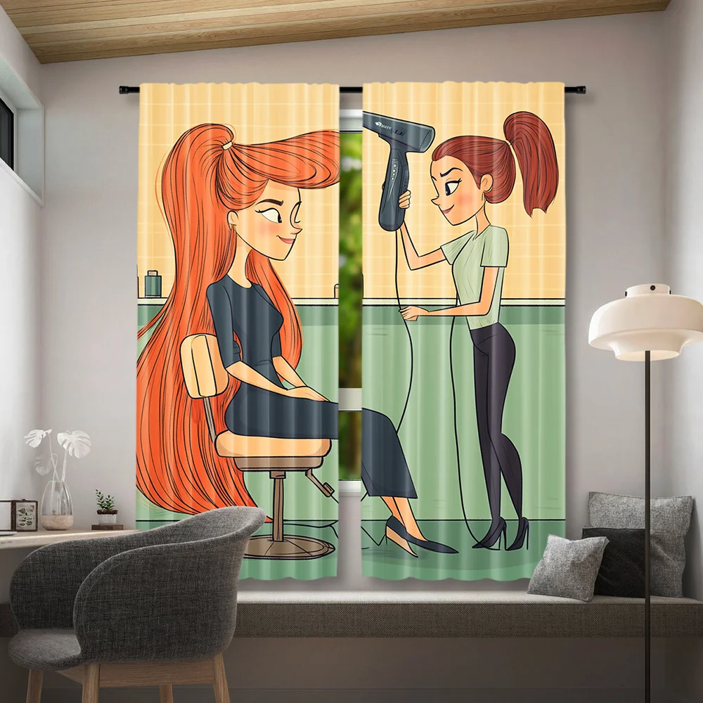 Cartoon Hair Salon Curtains 2 Panels, Hairstylist Blow Dryer Red Long Hair Yellow Tile Background for Salon Bedroom Curtain