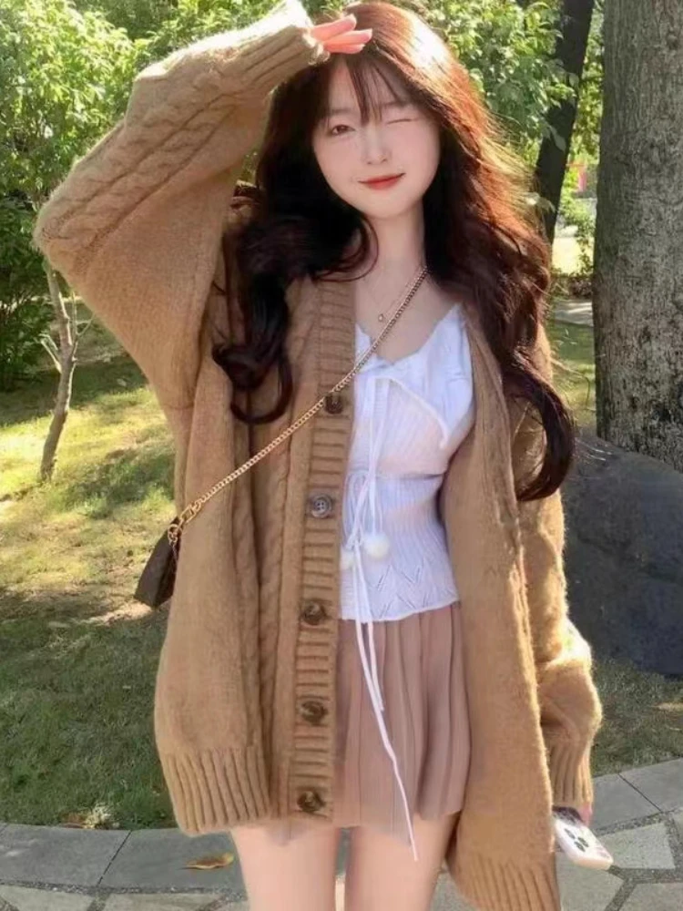 Autumn Winter Vintage Knitted Sweater Women Korean Fashion Loose Warm Sweaters Female Long Sleeve Casual Solid Cardigan 2022