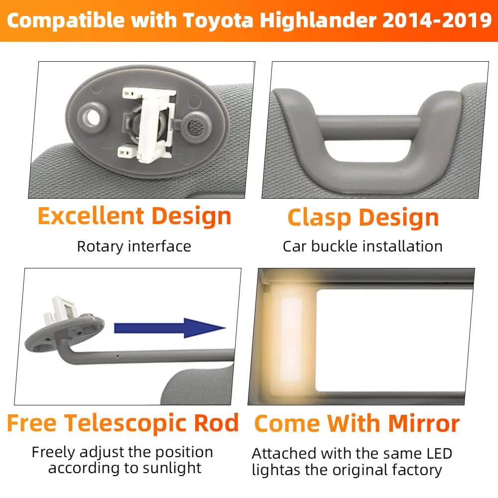 รถด้านหน้าซ้าย/ขวา Sun Visor แผง Sunvisor พร้อมกระจกสําหรับ Toyota Highlander 2014 2015 2016 2017 2018 2019 สีเทา Beige