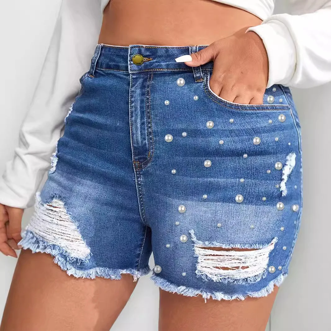 women's pearl beads ripped rough edge denim shorts hot pants