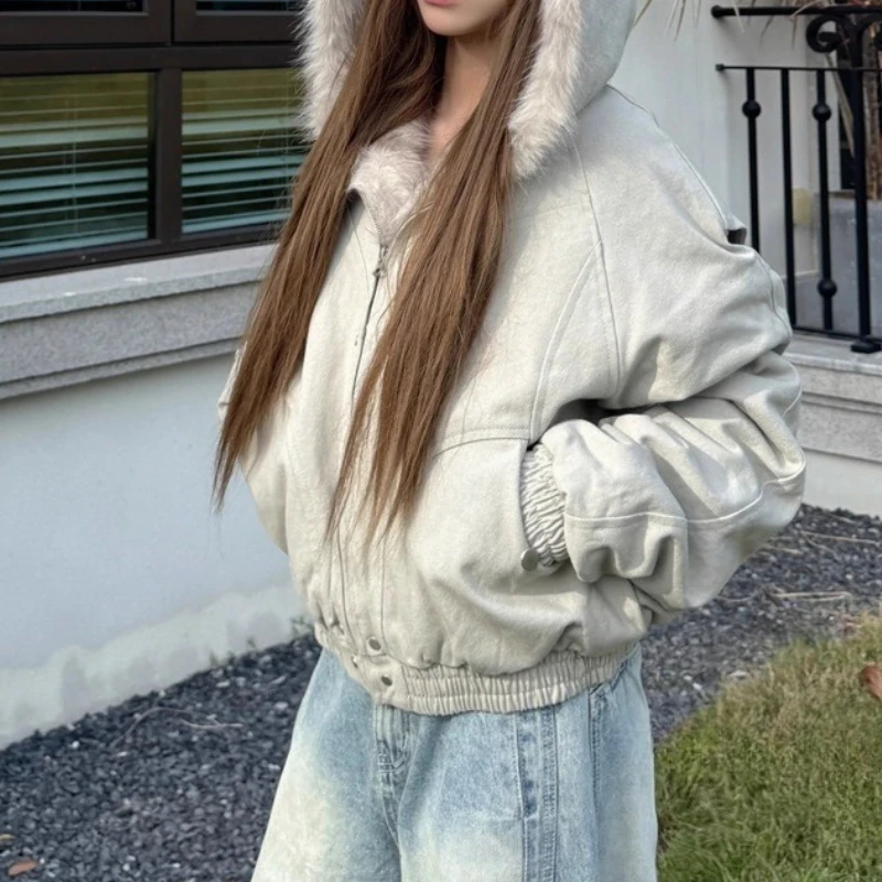 

Thickened Hooded Fur-collar Cotton Jacket for Women, Street-style Autumn and Winter Fluffy Parka Cotton Coat