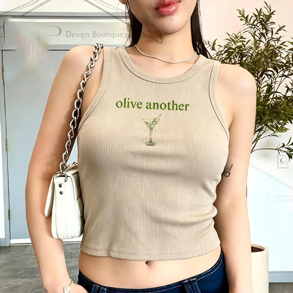 Y2k Ribbed Tank Top Crop Top Camisole Olive Green Text Cocktail Glass Black Happy Hour Gift Tini Time Dirty Martini Shirt Tees