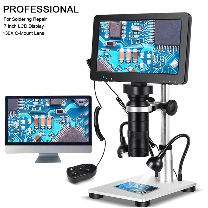 7 Inch LCD Display 130X Zoom C-Mount Lens USB Digital Microscope Electronic Video Microscope Camera For Soldering Phone Repair