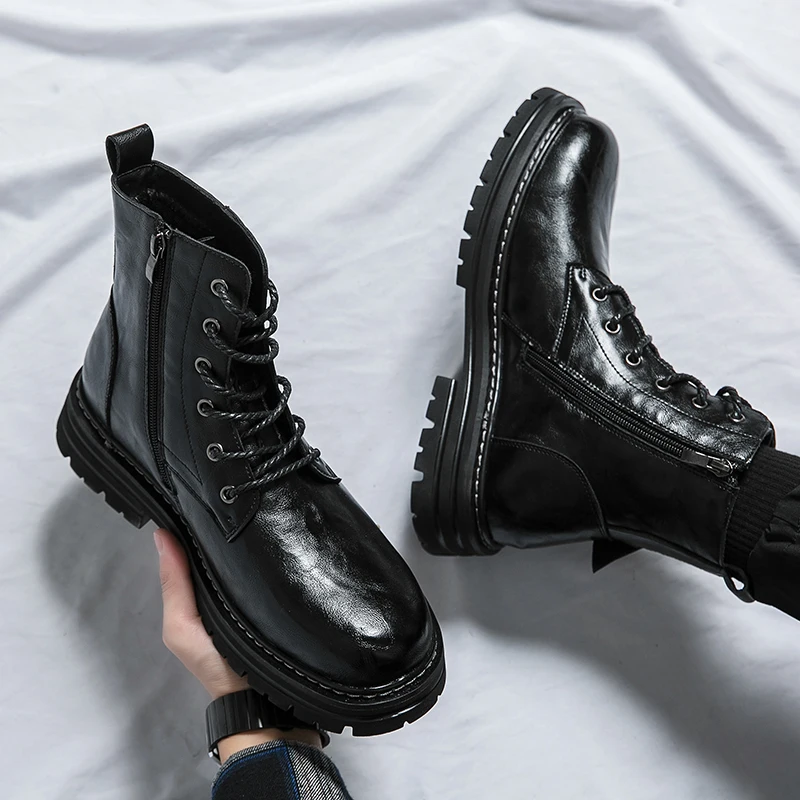 New Fashion Korean Men Trendy Casual Motorcycle Boots Brand Autumn Men Side Zipper Comfortable Anti Slip High Top Leather Boots
