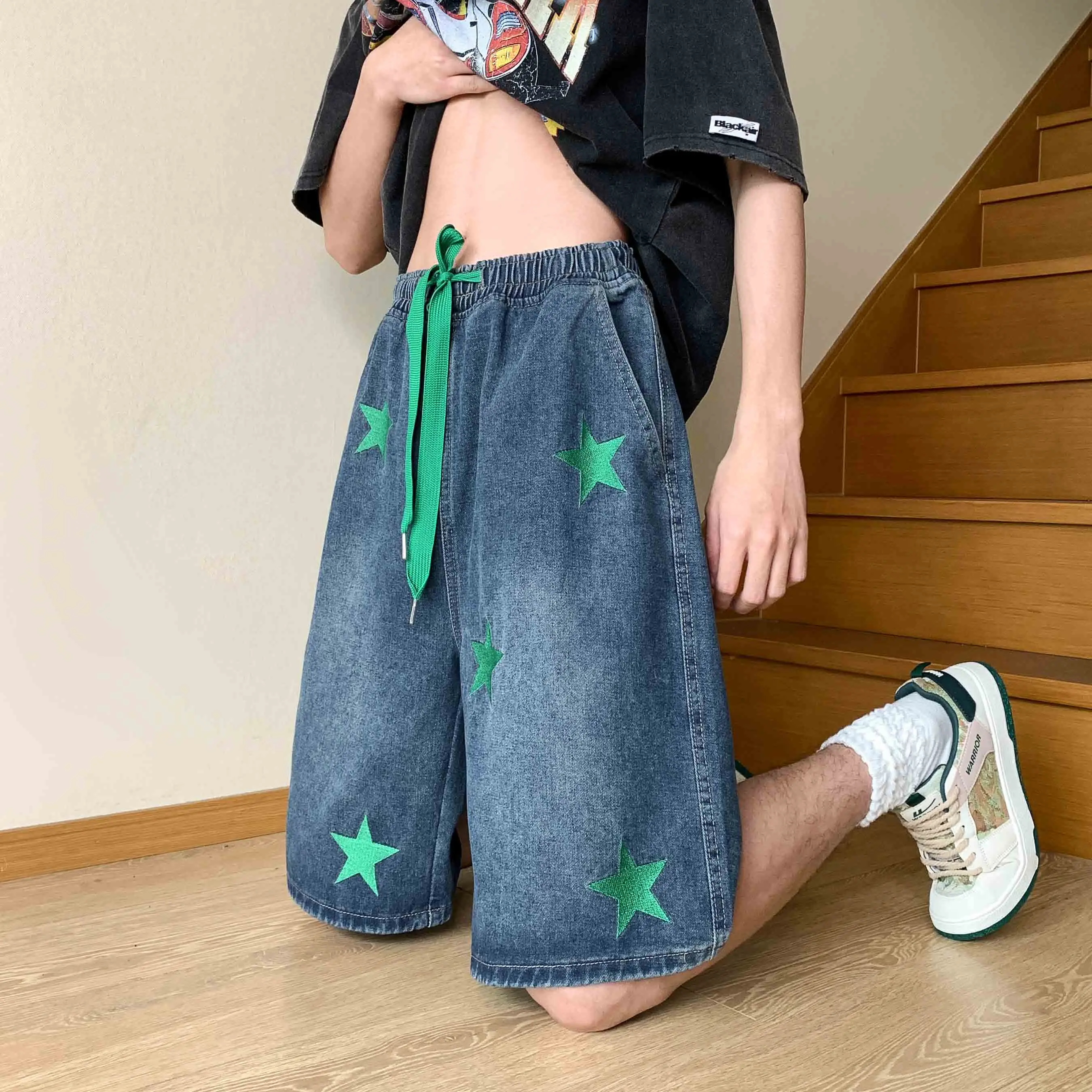 High Quality 2024 Summer Knee Length Cotton Denim Shorts Casual Drawstring Loose Jeans Youth HipHop Streetwear Straight Leg Pant