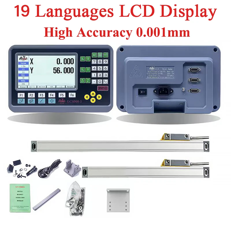 High Accuracy 0.001mm 19 Language 2 Axis LCD Dro Set Digital Readout and 2 PCS 1um Linear Scale Linear Encoder for Lathe Milling