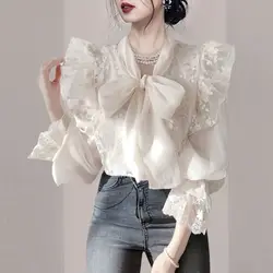 Korean Style Fashionable Slimming French Lace-up Bow High-end Fashionable Age-reducing Shirt for Women in Autumn