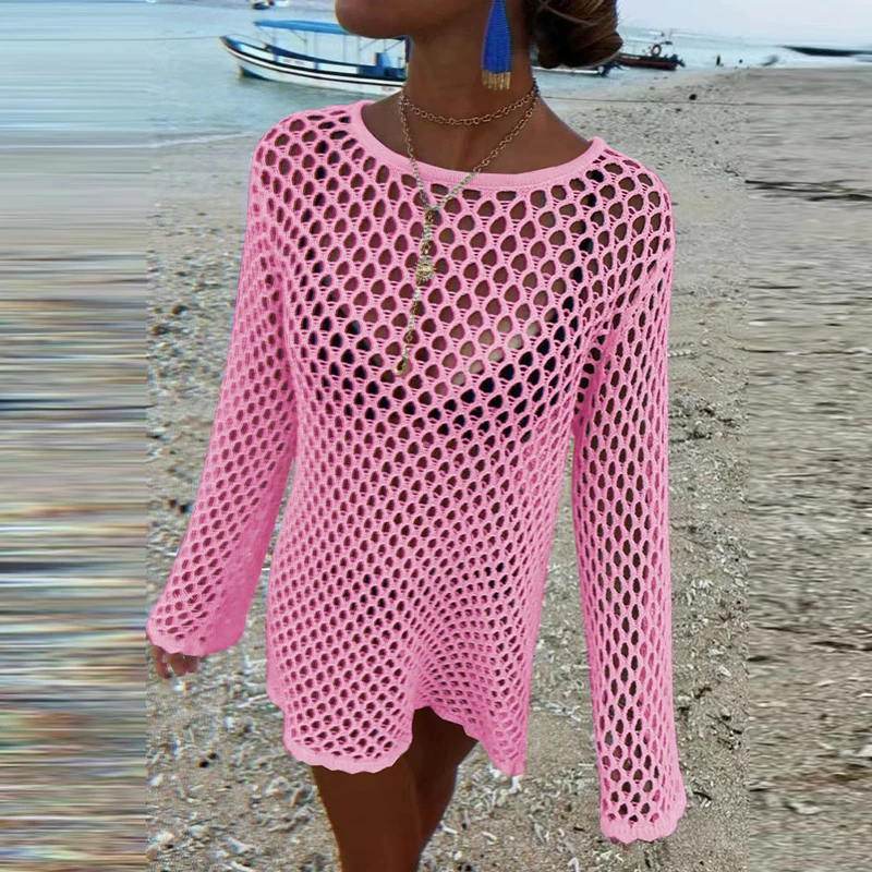 Seaside Hollow Out One Piece Vacation Covers Summer Solid knitted Fish Mesh Pullover Tops 2025 Long Sleeve White Full Dresses