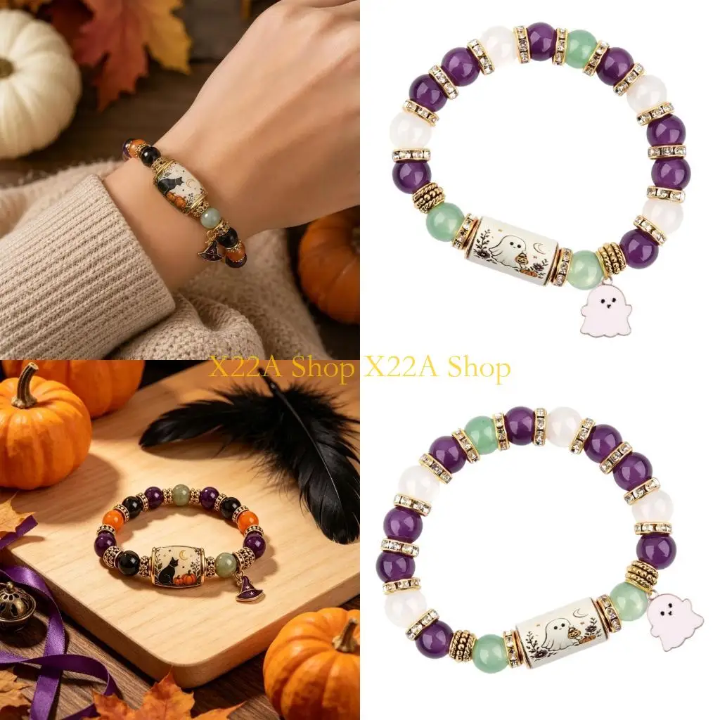 Unique Limited Edition 2026 Halloween Black Pumpkin Beaded Bracelet Gift, Stretch Halloween Bracelet with Witch Hat Charm, Scary