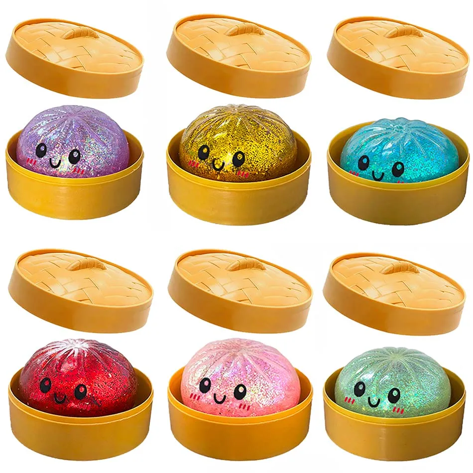6 styles Realistic Giant Dumpling Squeeze Toy with Bamboo Steamer Soft TPR Dough Ball Decompression Toy Funny Creative Gift