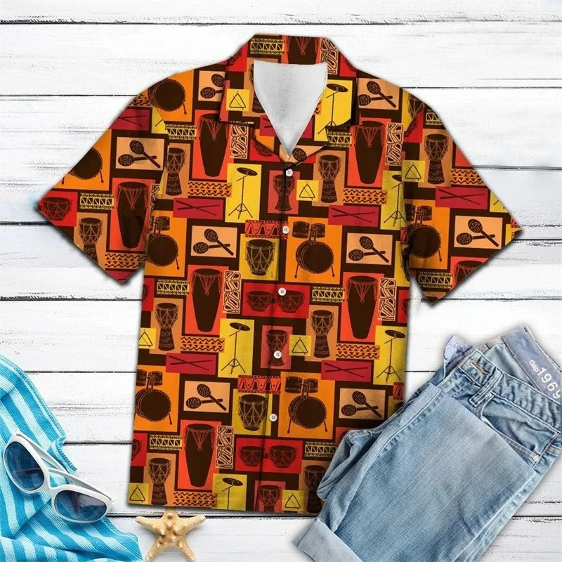 Kemeja Hawaii Motif Drum untuk Pria, Cetak 3D, Pola Drum, Kemeja Aloha Musim Panas, Atasan Lengan Pendek, Fashion Jalanan, Blus Kasual