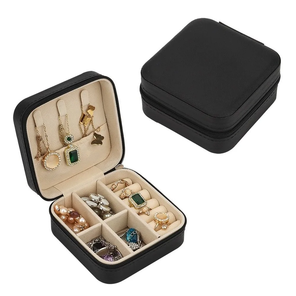 

PU Leather Portable Jewelry Box Compact Design Zipper Closure Mini Jewelry Storage Button Closure Macaroon Style