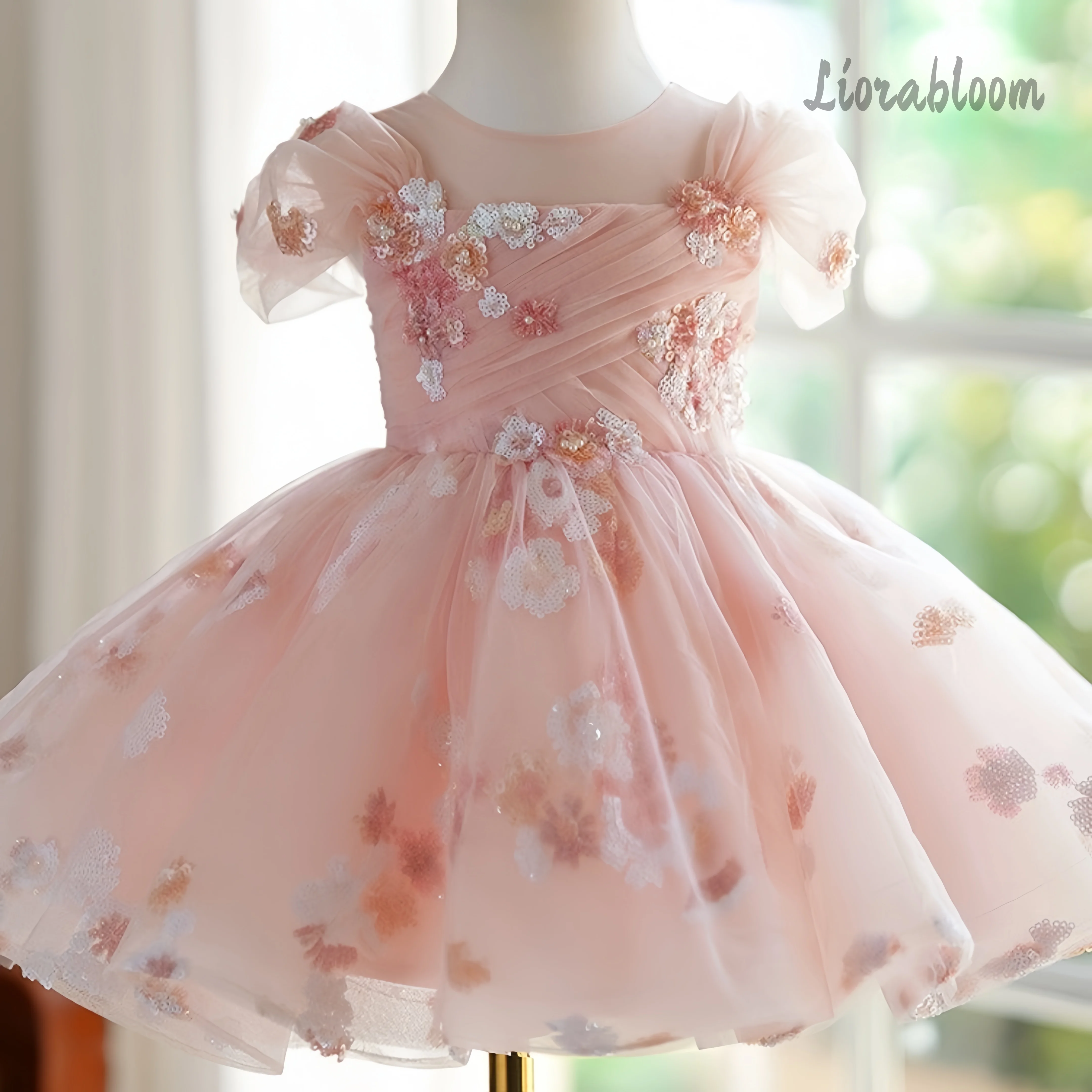 Flower Embroidered Girls' Pink Floral Formal Dress Flower Girl Gown Wedding Attire Girls' Formal Wear