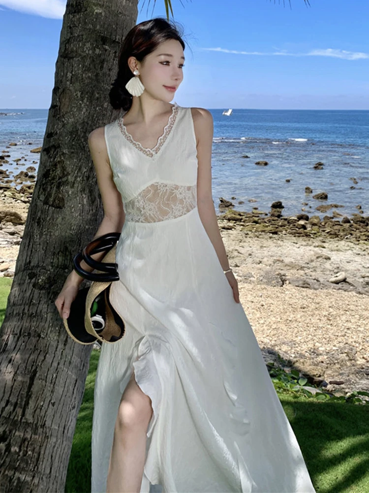 ผู้หญิงวันหยุดชุดยาวสีขาวสุภาพสตรีเซ็กซี่หวานลูกไม้ SHEER High Slit Ruffles Hook Floral Hollow Robe PARTY Holiday Vestidos