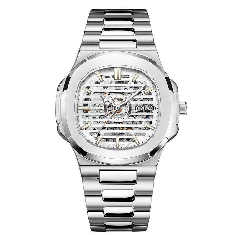 AL-164 ساعة تكنولوجيا سوداء مربعة للأعمال، ساعة ميكانيكية أوتوماتيكية أوتوماتيكية بسوار من الفولاذ المقاوم للصدأ للرجال