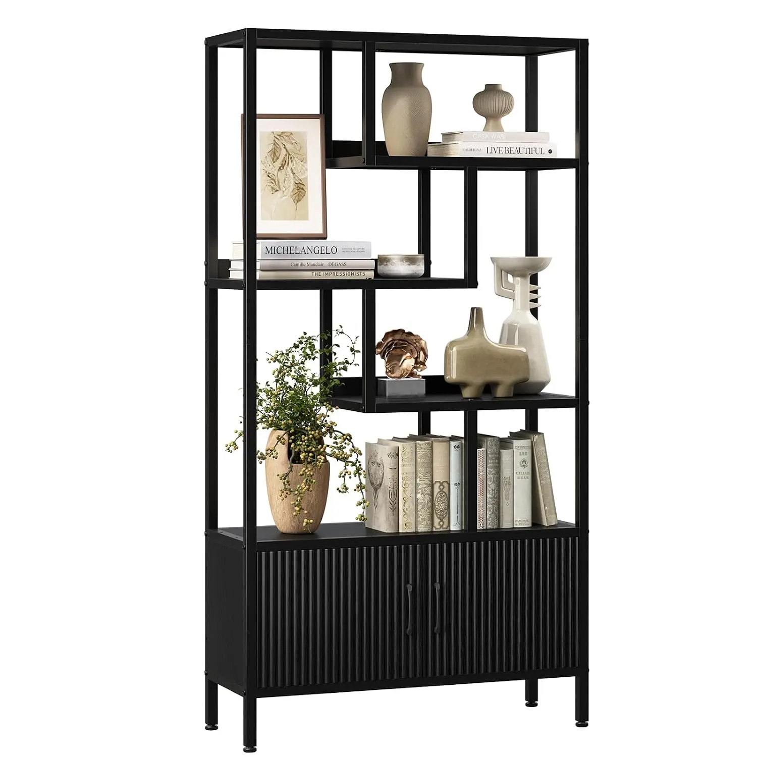 5-Tier Etagere Bookcase Fluted Cabinet Industrial Wood Metal Black | 70.8