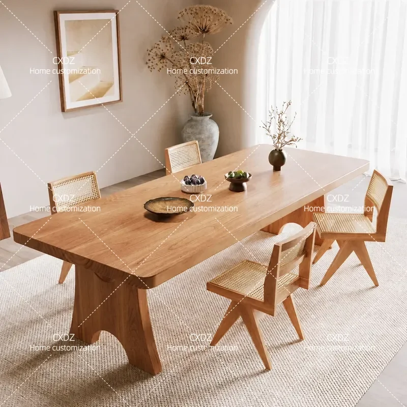 Pure Solid Wood Log Dining Table and Chair Set Household Small Apartment Modern Simple Cherry Wood Rectangular Work Desk