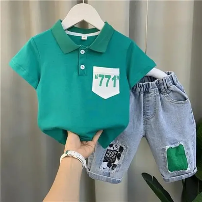 

2 4 6 8 9Y Children's Polo Suit 2023 New Summer Boys Baby Short-sleeved Suit Children's Lapel Top Shorts 2 Sets