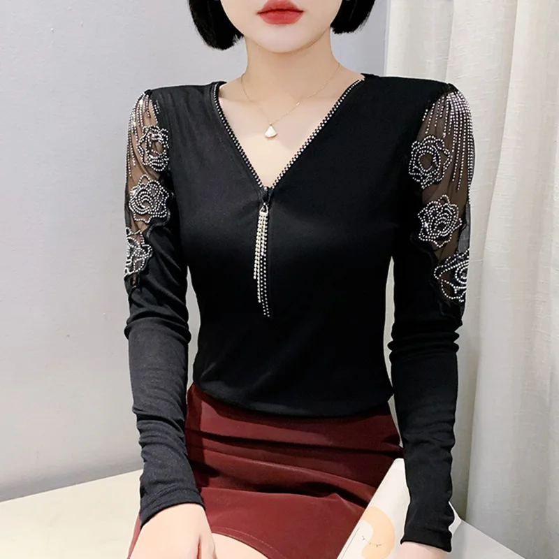 

РАСПРОДАЖА, осенне-зимняя черная женская футболка с длинными рукавами и v-образным вырезом, элегантные тонкие кружевные топы на молнии