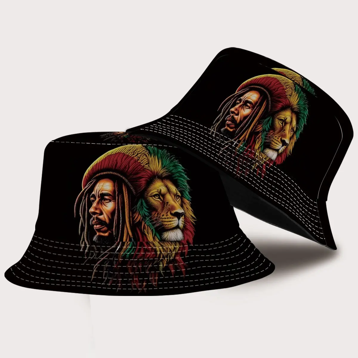 Customization 1pc Reggae-style All-over Print Bucket Hat Featuring A Fusion Of Human And Lion Figures, With Eye-catching Red, Ye