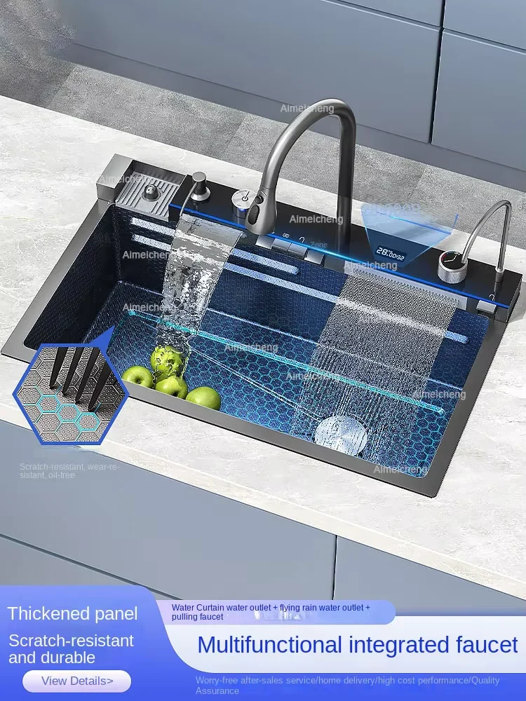 2024 Lavello da cucina a cascata integrato Tecnologia a nido d'ape Ampio display digitale Dispenser di sapone in acciaio inossidabile Rondella per tazze