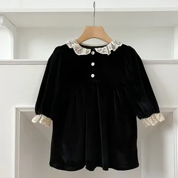 1-6Yrs Christmas Party Dress Peter Pan Collar Lace Red Black Dress Long Sleeve Dress Cute Sweet Baby Girls Dress Autumn Clothing