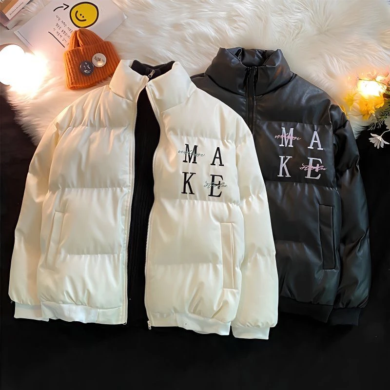 

Thiened PU Leather Cotton Jaet Men's Winter Faion Casual Cleanfit Zipper Closure Long Sve Bread Sle Coat