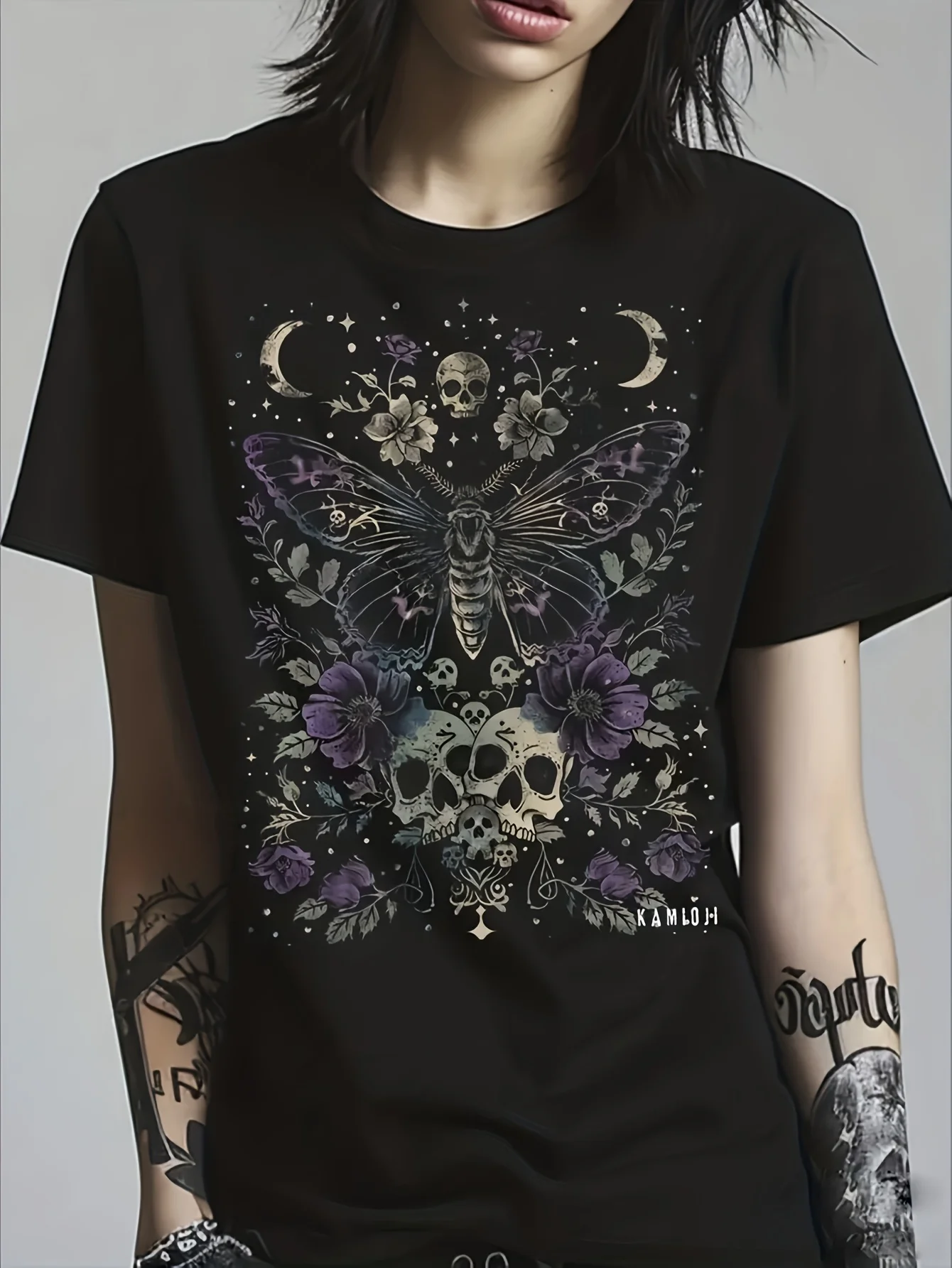 Unisex Gothic Moth Skull T-Shirt - Dark Academia Style Witch Short-Sleeve Top with Bat, Rose, and Card Prints - Loose Fit Round Neck Unisex Style - Gothic Clothing